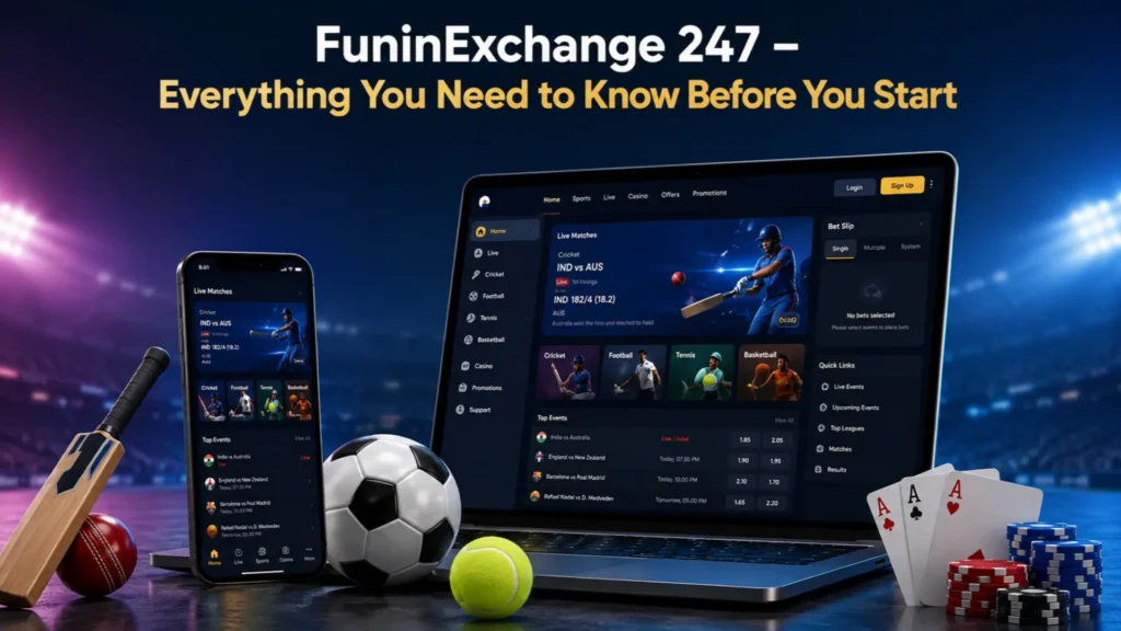 FuninExchange 247 beginner guide showing a sports exchange platform on a laptop and smartphone