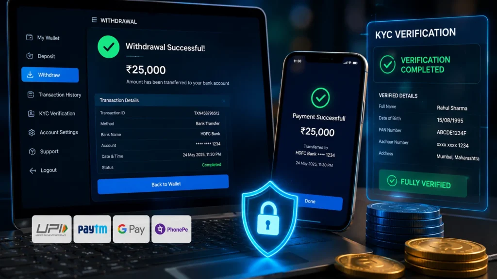 Secure online withdrawal process with KYC verification and digital payment confirmation.