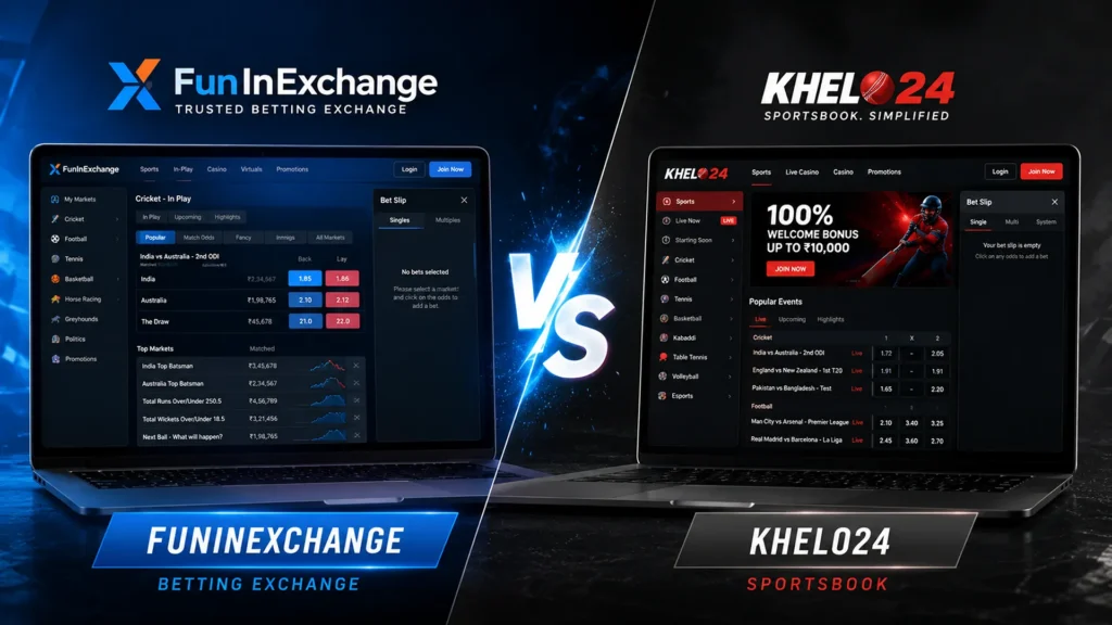 Side-by-side comparison of FunInExchange and Khelo24 betting platforms showing exchange and sportsbook interfaces.