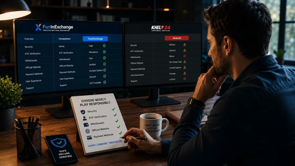 User comparing FunInExchange vs Khelo24 using a security checklist including KYC, withdrawals, and website verification.