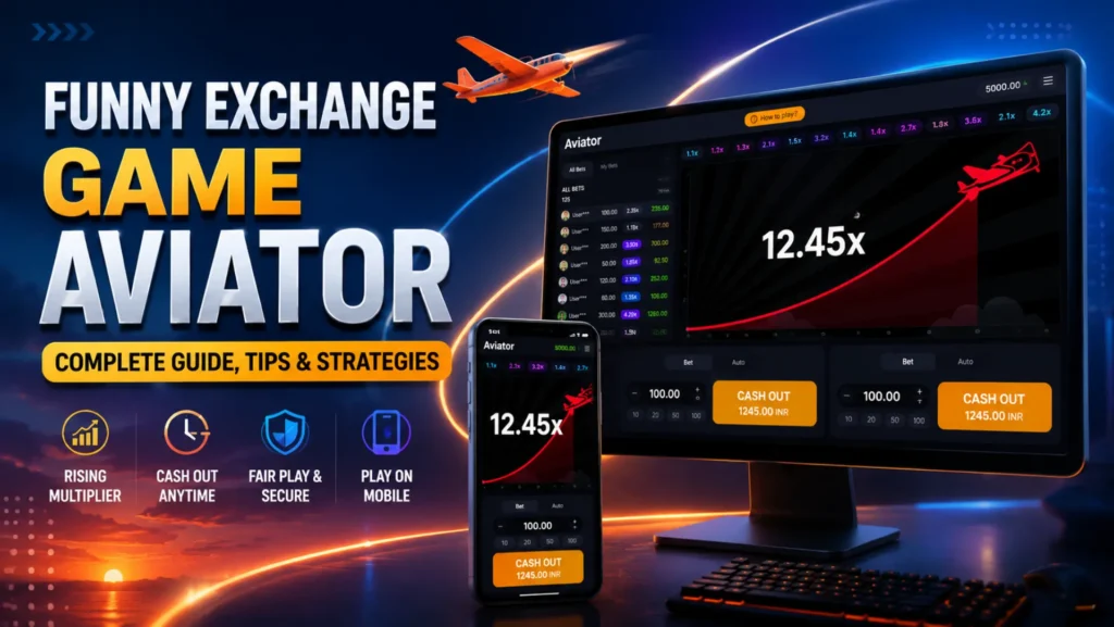 Funny Exchange Game Aviator interface showing an Aviator-style game on desktop and mobile devices