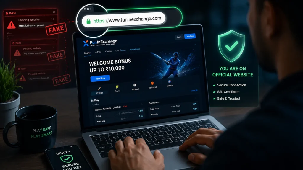 User verifying an official website using HTTPS security and browser address verification.
