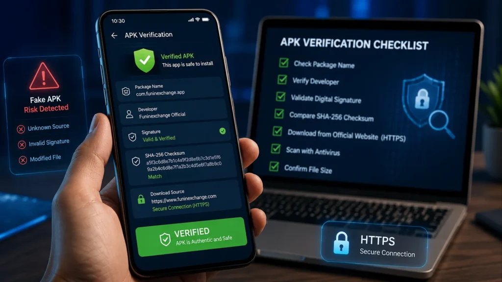 How to verify a genuine Funinexchange APK using package name developer signature and checksum